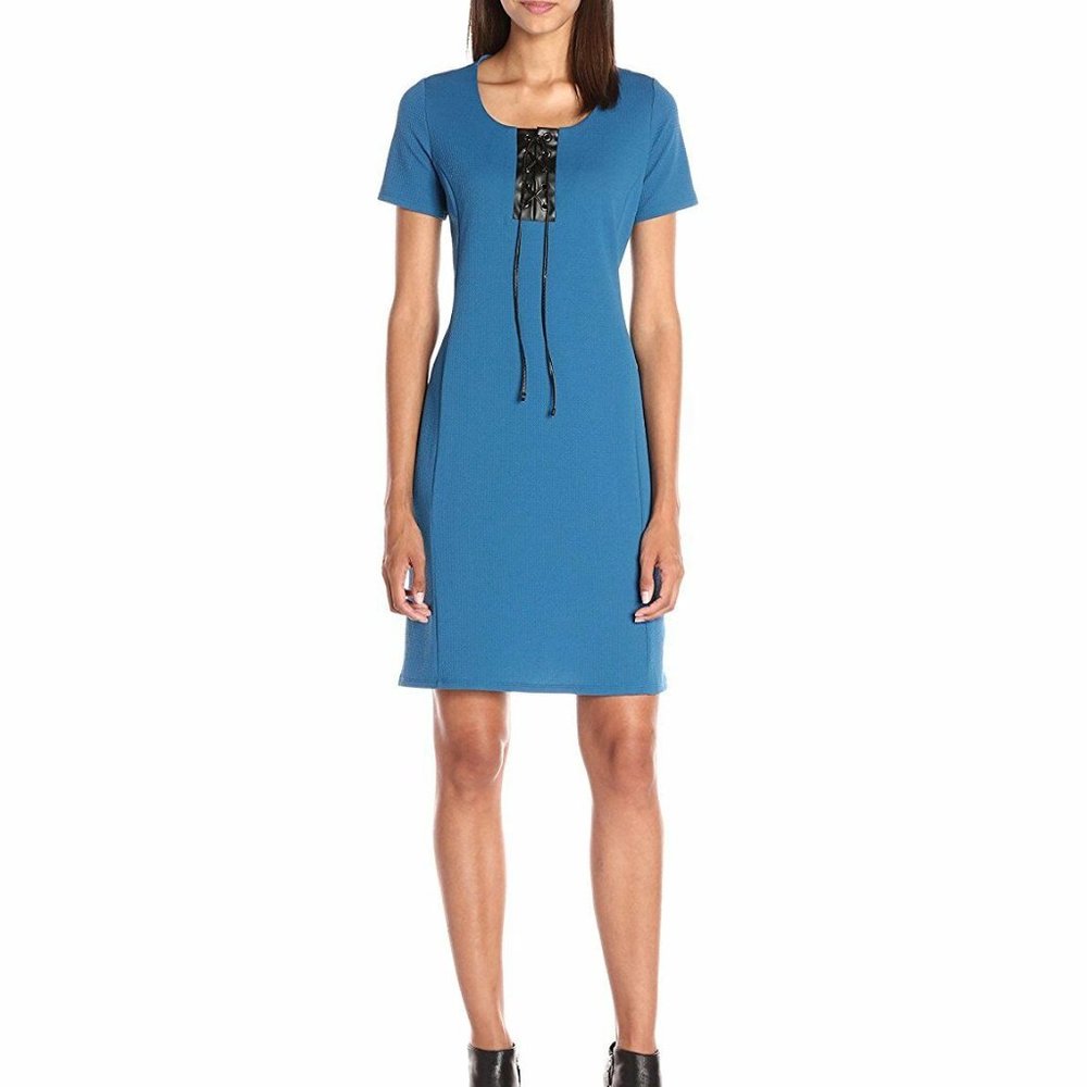 Ny Collection Faux-Leather Lace-Up Shift Dress, Size Small, Retail $60.00